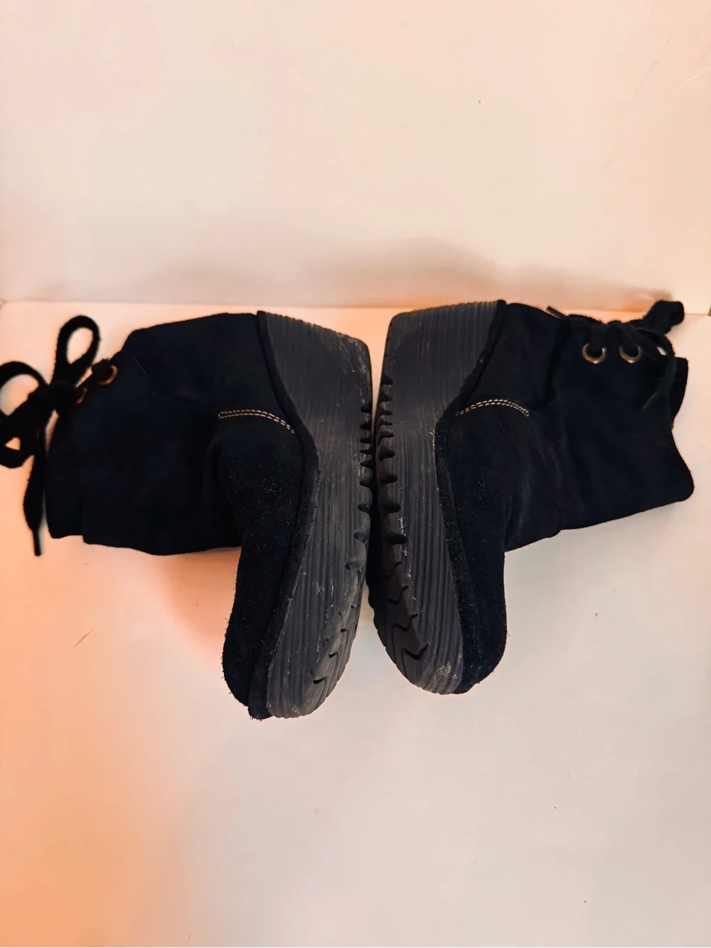 Fly London Black Suede Wedge Ankle Booties with Back Tie